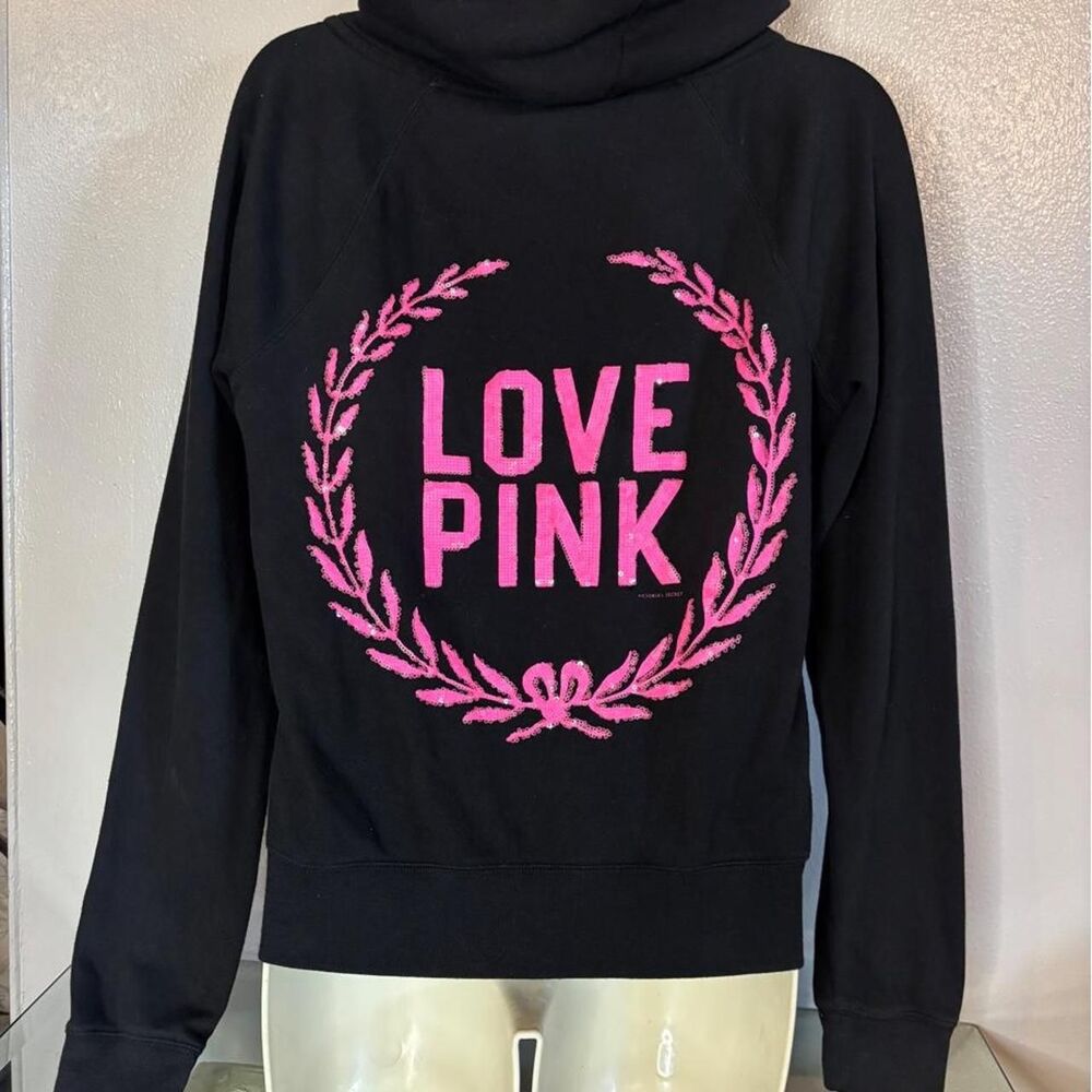 PINK Victoria’s Secret Hot Pink & Black Sequin Zip-Up Hoodie – Size Small